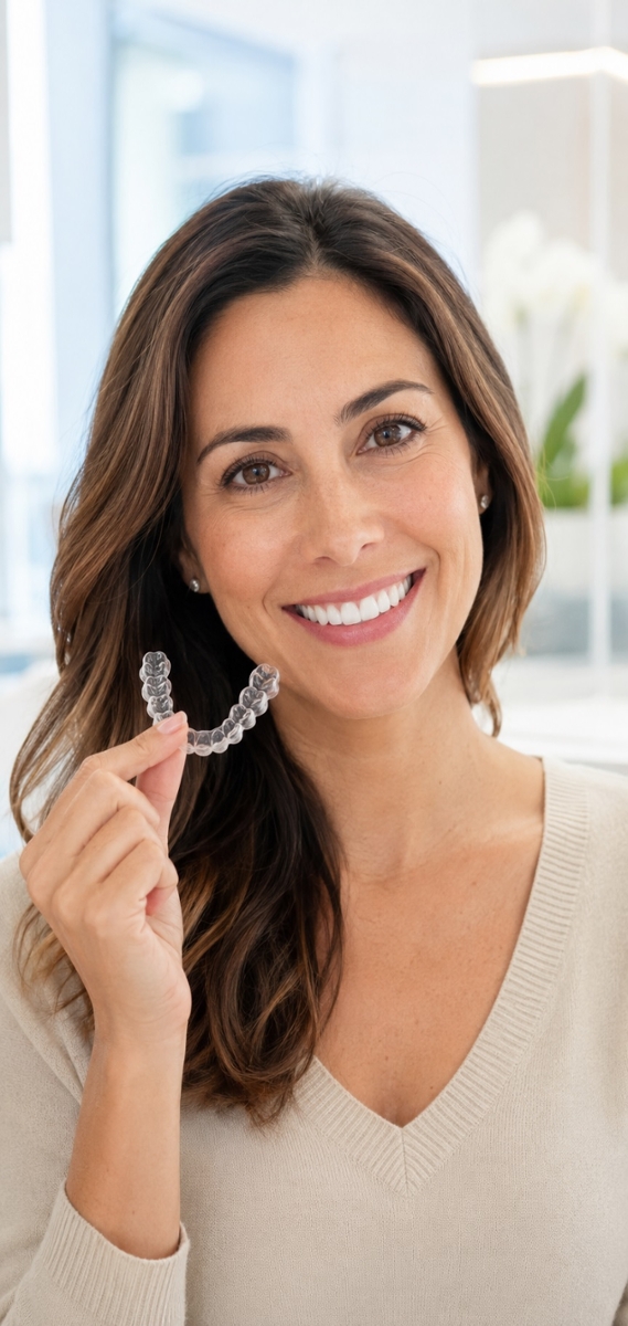 Smiling patient holding a clear Invisalign aligner tray