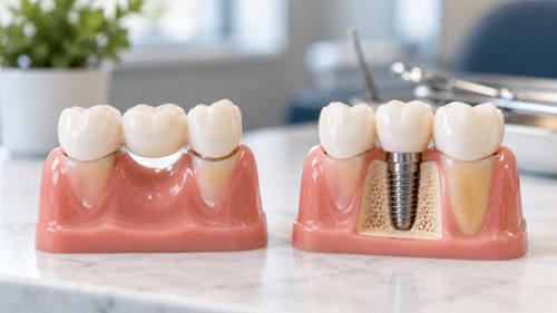 Titanium implant and dental bridge models compared side by side.