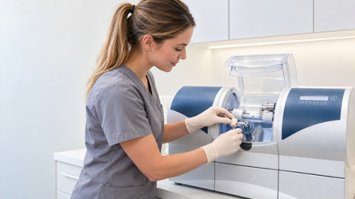 Dental assistant operating a CEREC milling machine to create a same-day ceramic crown.