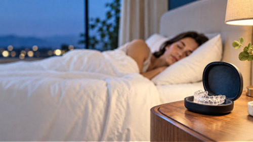 Sleep apnea oral appliance in case beside sleeping woman at night