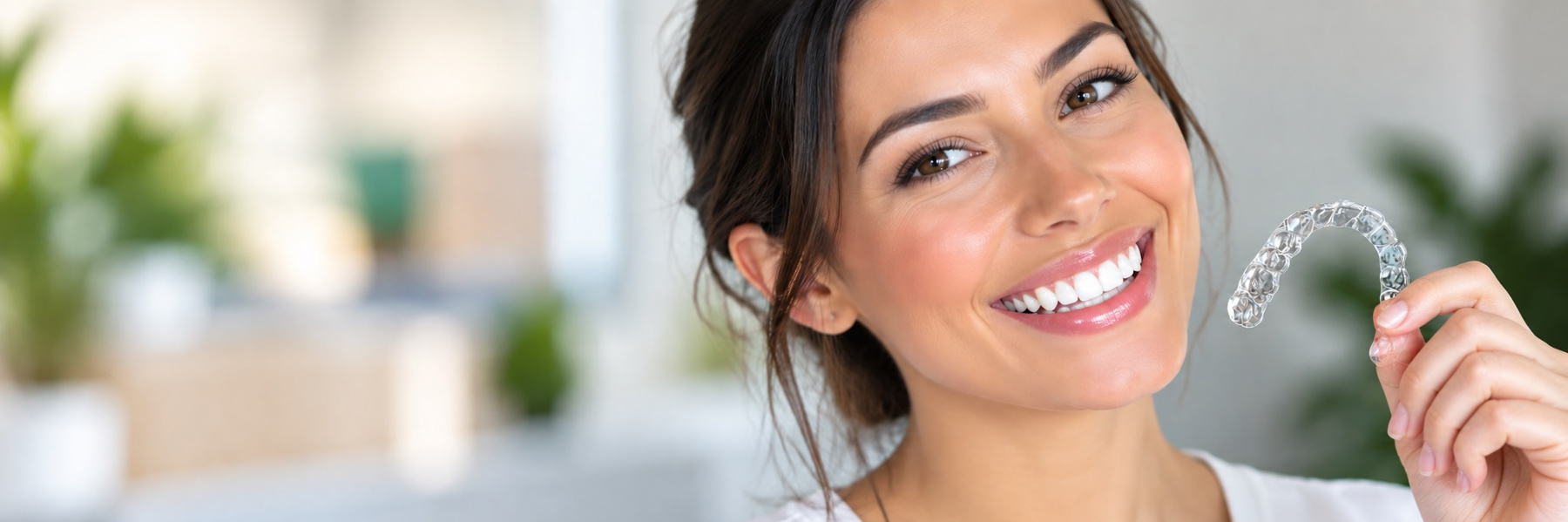 Smiling woman with straight white teeth holding a clear Invisalign aligner tray.